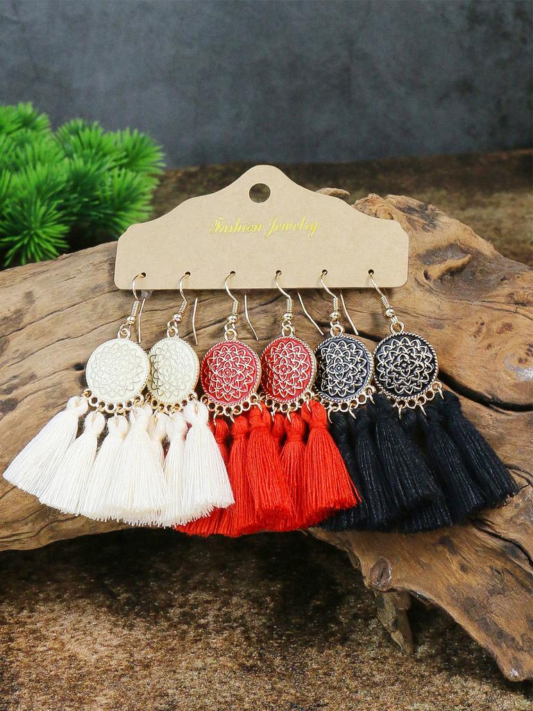 Bohemian Round Colored Glaze Alloy Earring Set Retro Ethnic Style Long Tassel Earrings Women's Girls' Personalized Zircon