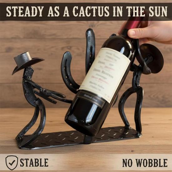 Western Cowboy Cactus Wine Bottle Rack Metal Tabletop Wine Holder with Glass Support Rustic Decorative Bar Accessory