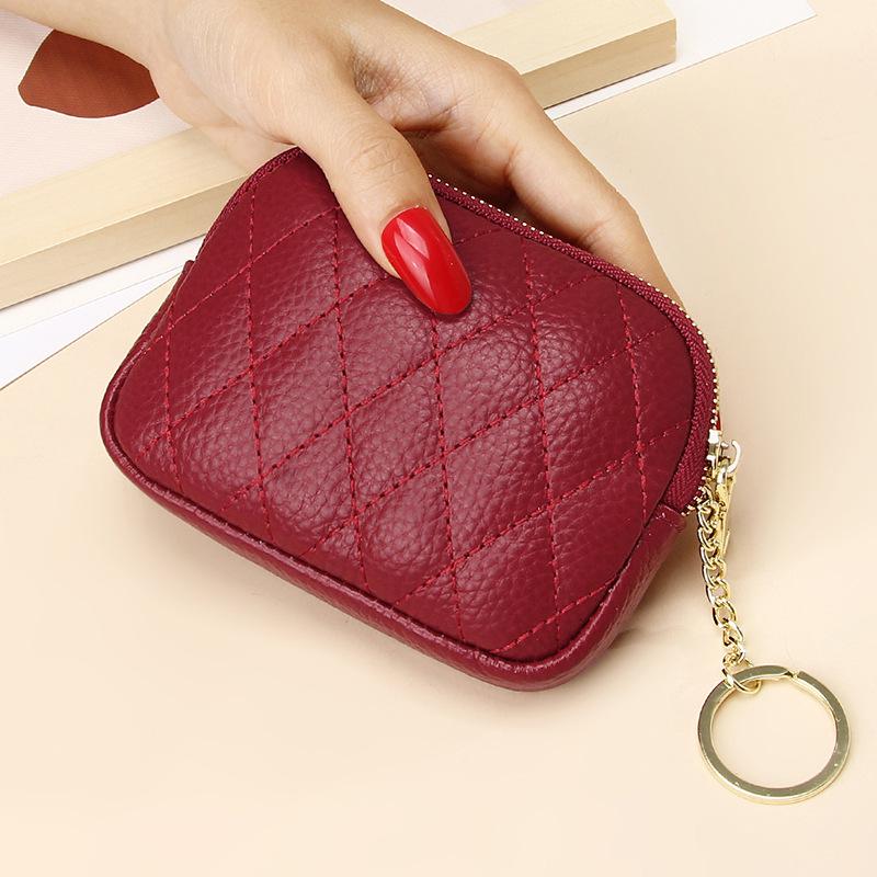 Genuine Leather Diamond Pattern Coin Purse & Keychain Wallet