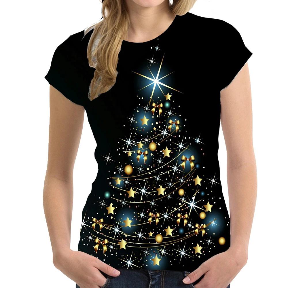 Summer Round Neck 3D Christmas Tree Pattern Print Top Fashionable Casual Short Sleeved Women's T-shirts