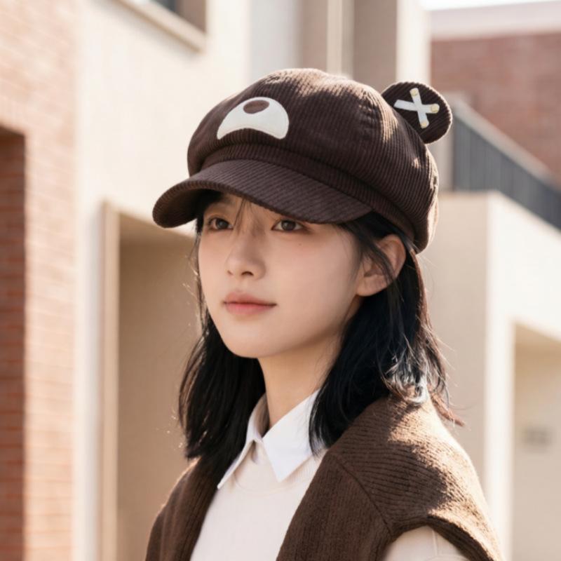 New cute bear ears octagonal hat autumn and winter cartoon bear newsboy hat age-reducing versatile corduroy short brim hat