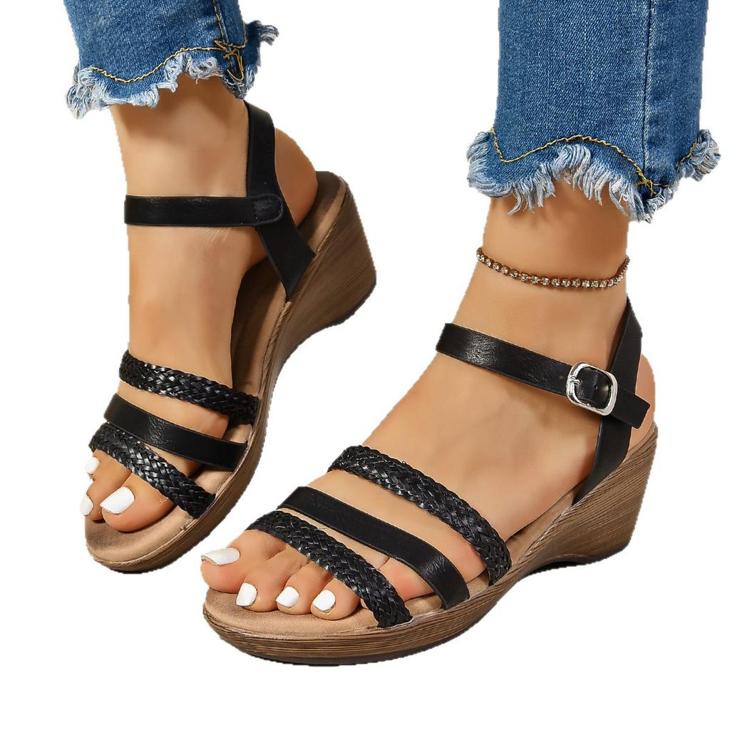 2025 summer new large size casual open-toed sandals women's round head one-word buckle fashion sandals