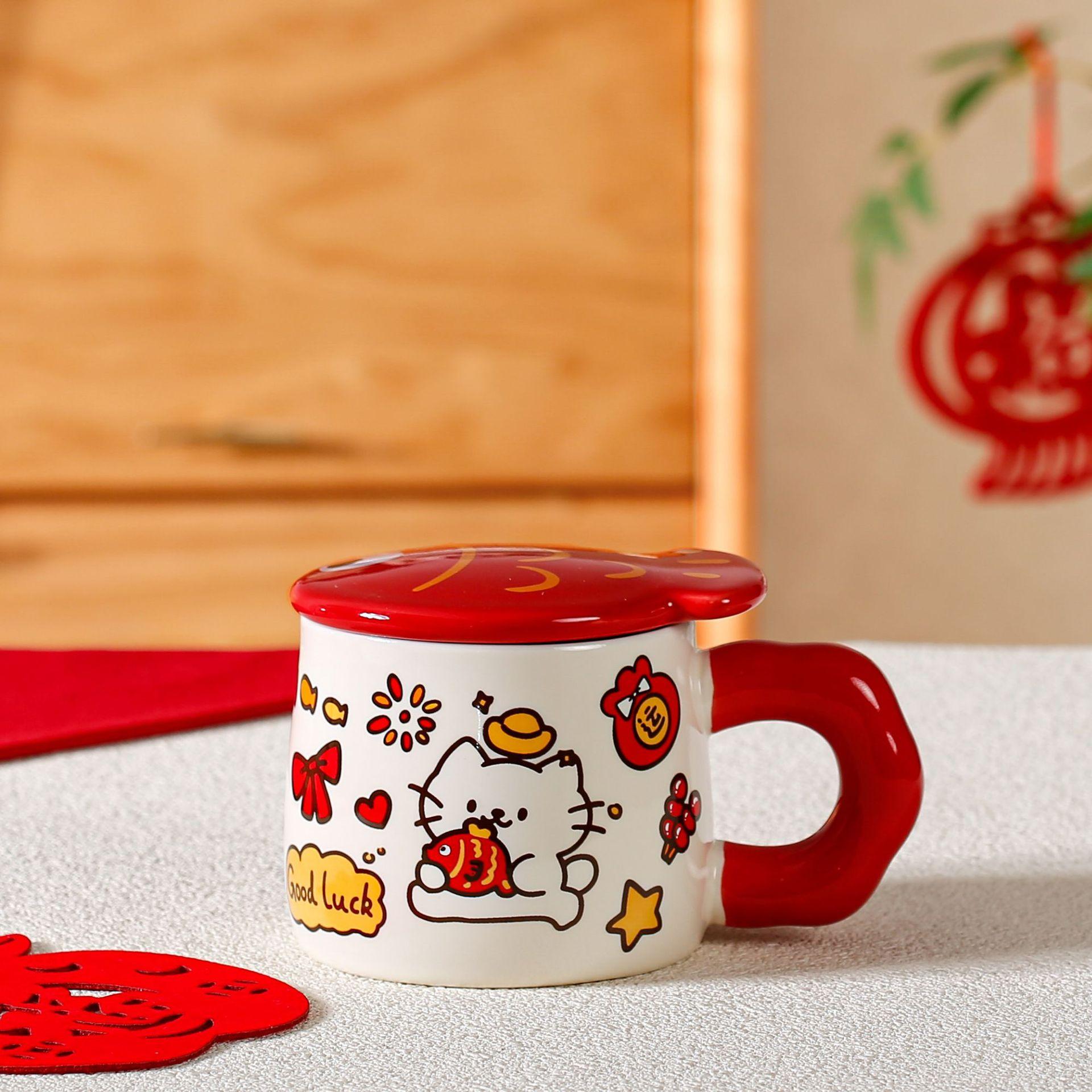 New Year S Celebration Koi Cat Mug Creative Ceramic Coffee Cup Souvenir Girls Water Cup Office Home 380ML