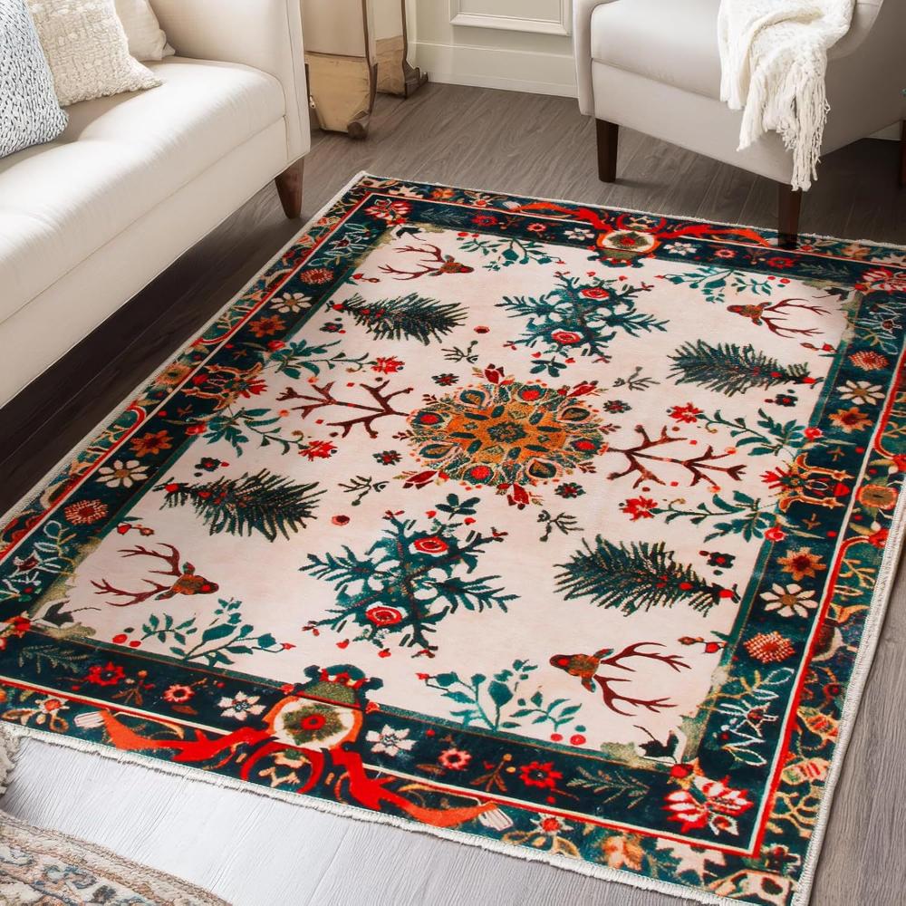 Christmas Carpet Christmas Tree Reindeer Floor Mat Living Room Sofa Decor Rug Bedroom Bedside Rug Washable Holiday Floor Mat