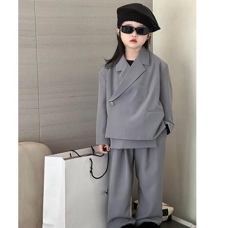 Children's Spring/Autumn Suit Set Design: Asymmetrical Placket Loose-Fit Top + Suit Pants Two-Piece Set