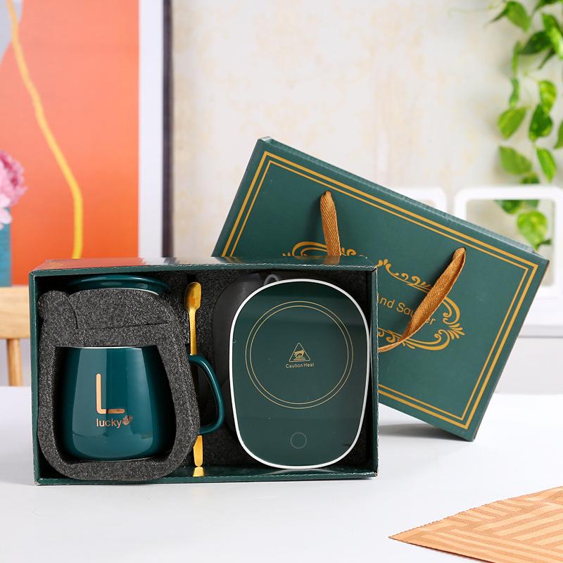 Fashion Home 55stupňový termostatický šálek pro domácnost USB keramický termostatický ohřev šálek Hrnek na šálek kávy s krytem na lžičku