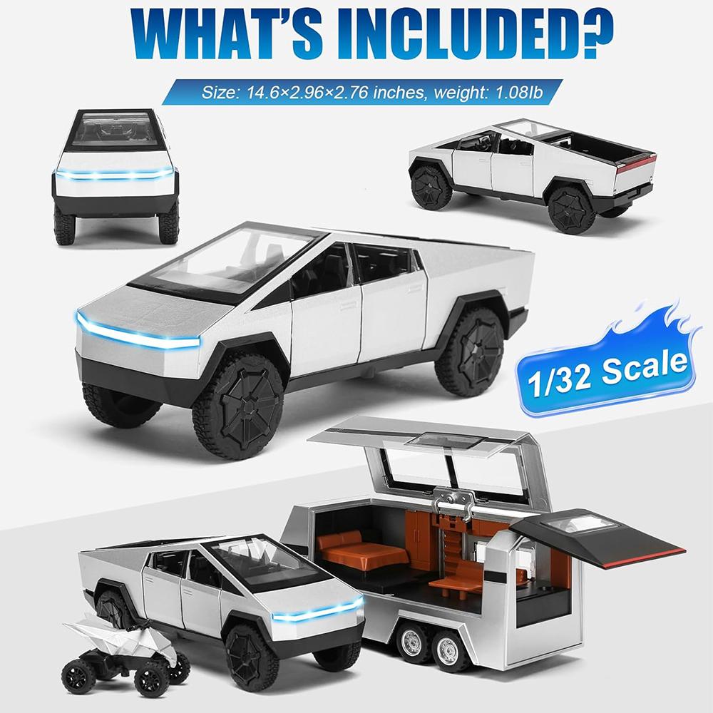 1Set 3PCS Silver Cyber Truck Toy with RV & Motorcycle with Sound and Light Alloy