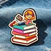 Metal Base Brooch Pin, Enamel Girl Reading Book Design Lapel Pin, Cartoon Style Literary Artistic Pin for Backpacks Sweatshirts Suit Bags