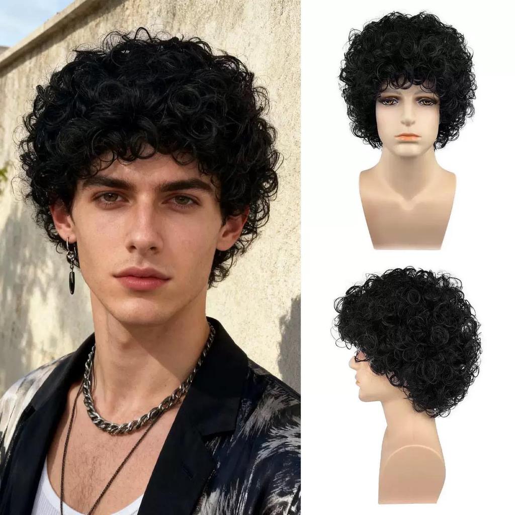 Black Short Curly Hair Perm Wig, Men's Small Roll African Style Wig, Suitable for Daily Wear and Role-playing
