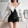 BITCED Autumn Women's Solid-Colour Slim-Fit Cropped Streetwear V-Neck Long-Sleeved Top