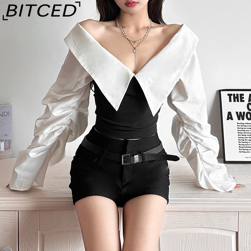 BITCED Autumn Women's Solid-Colour Slim-Fit Cropped Streetwear V-Neck Long-Sleeved Top