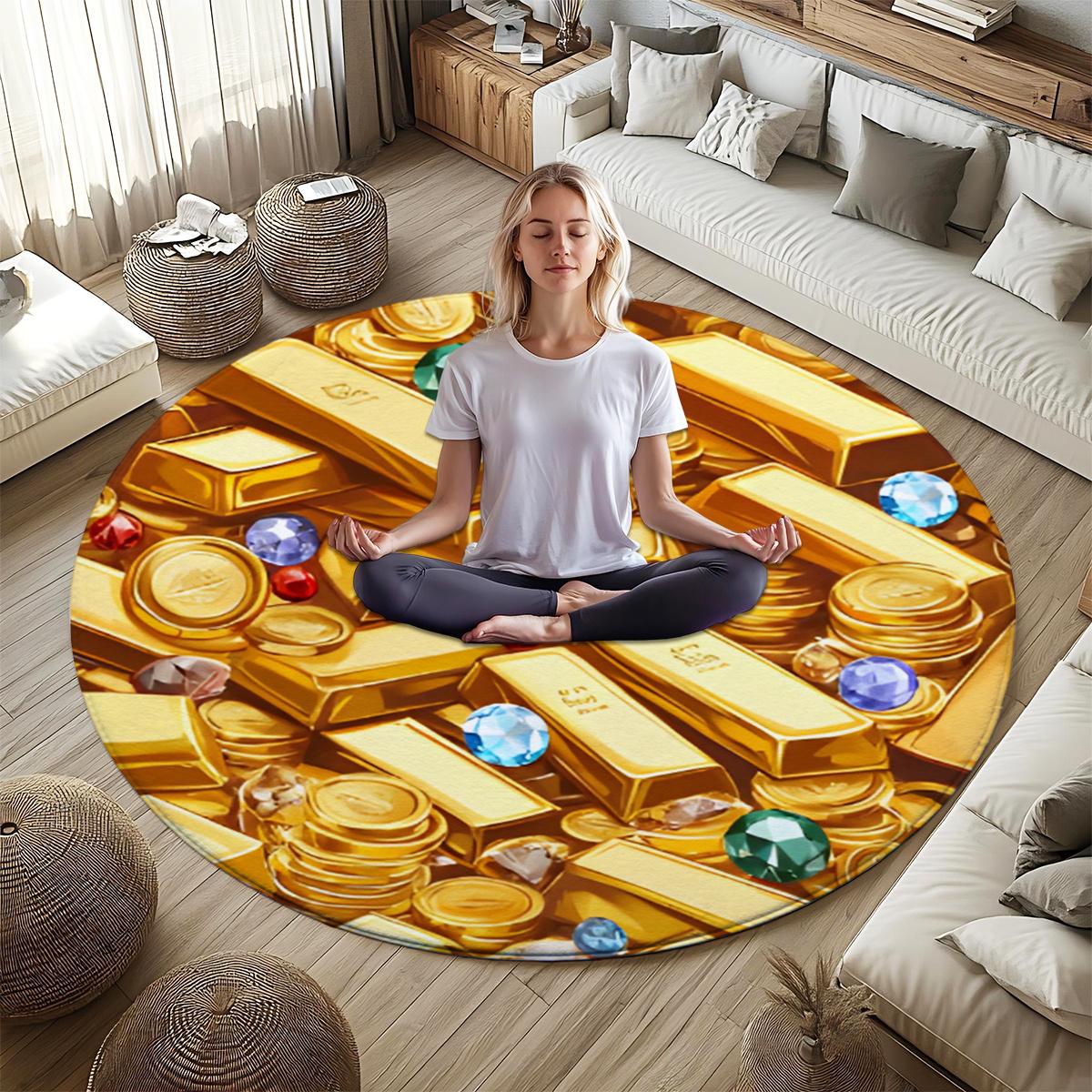

Flannel Printed Round Rug With Gold Bars And Gems Design For Yoga Meditation And Home Decor Soft Floor Mat Luxury Theme 60CM(23.6inch)