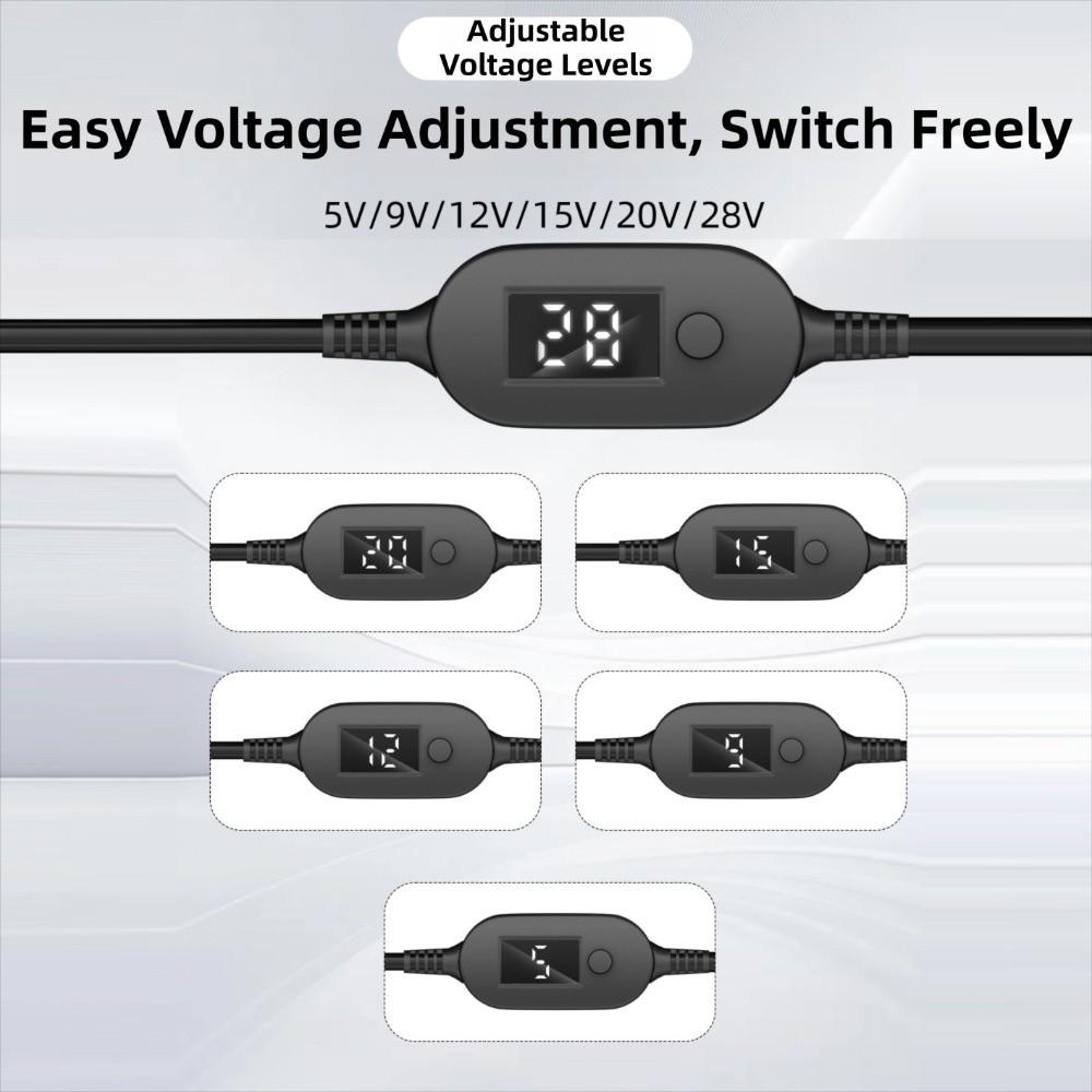 Digitales Display USB C auf DC 5525 Konverter 5V/9V/12V/15V/20V mit 28/34 Anschlussspitzen Typ-C zu DC Stromkabel