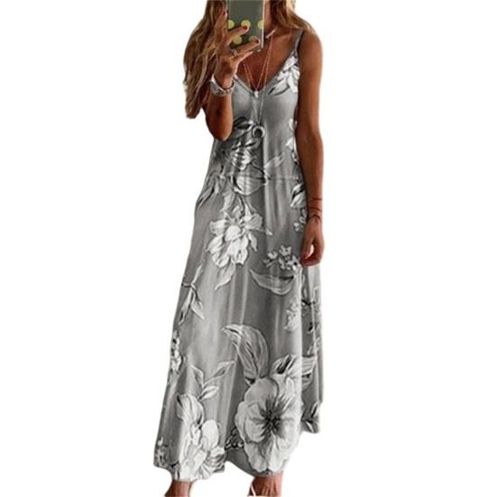 

Women Dress Floral Print Large Hem Streetwear Elegant Spaghetti Strap Maxi Dress for Party 3XL сірий