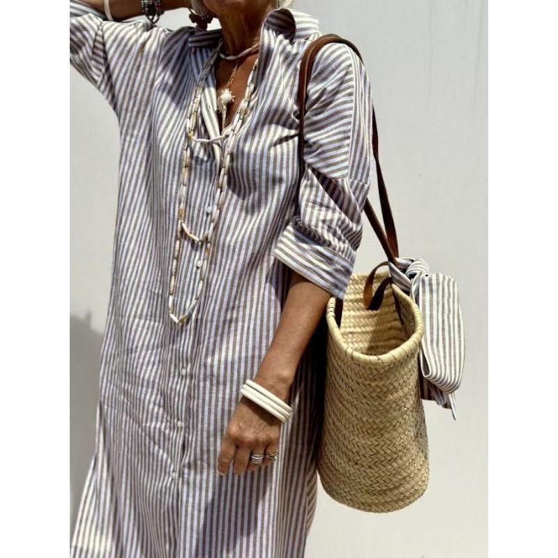 A New Women's Five-sleeved Striped Cardigan with A Lapel Shirt Dress
