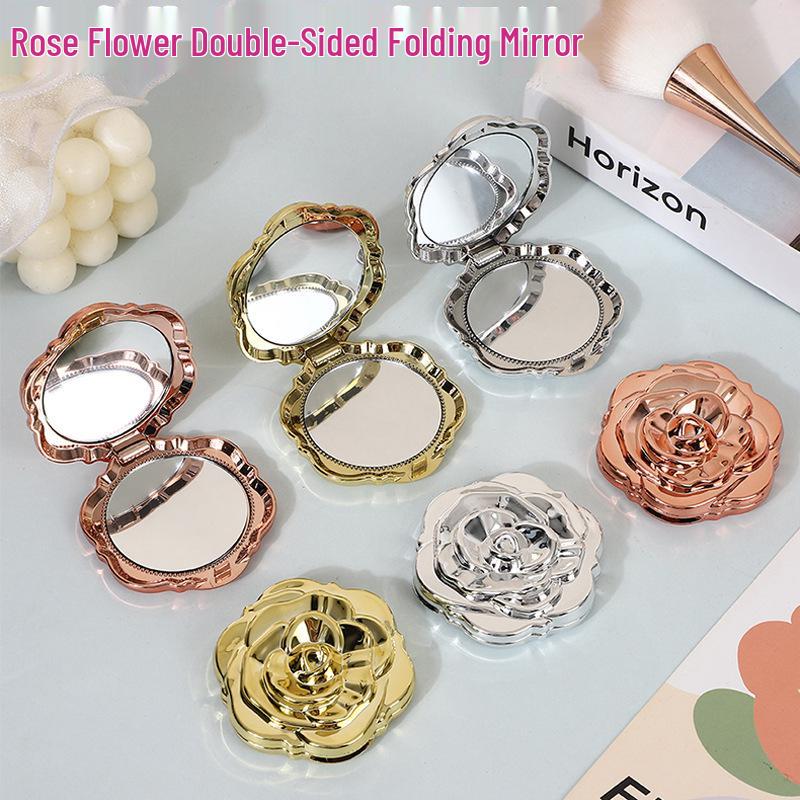 Rose Flower Portable Folding Makeup Mirror - Lightweight Handheld Touch-up Mirror with Electroplated Solid Color Design