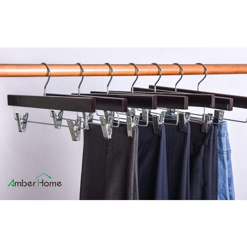 Amber Home Wooden Pants and Skirt Hangers, Set of 10, for Pants and Slacks, Shape-Retaining, Non-Slip, Adjustable, Strong Clips, Wrinkle-Resistant, Ro