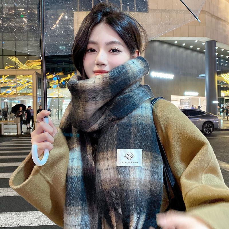 High End Plaid Scarf for Women In Winter New Style Mohair Plaid Shawl Versatile Thickened Warm Scarf Korean
