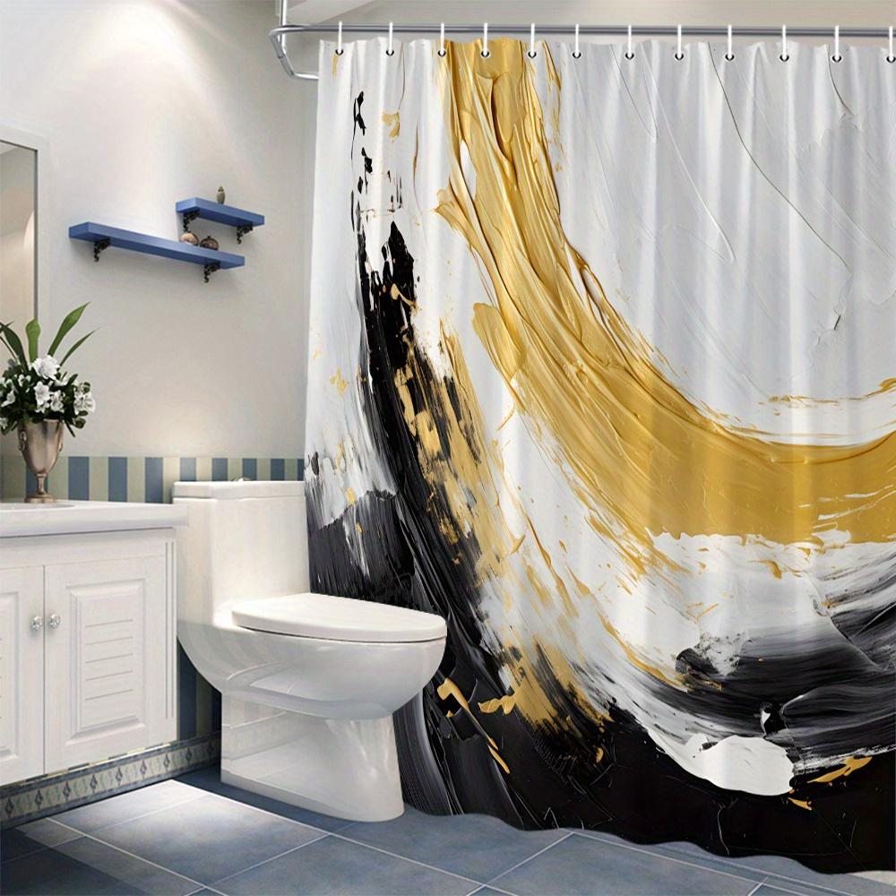 1pc Black & Gold Abstract Shower Curtain - Fluid Swirling Brushstrokes, Modern Elegant Design,Polyester, 70x70",Machine Washable