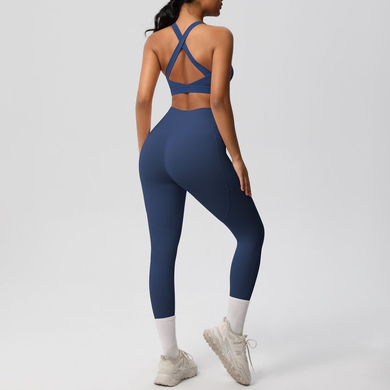 Fashion Nude Feel Beauty Back Cross Bubble Wrap Sports Bra High Waist Hip Lift Pocket Sports Yoga Pants Fitness Suit Women