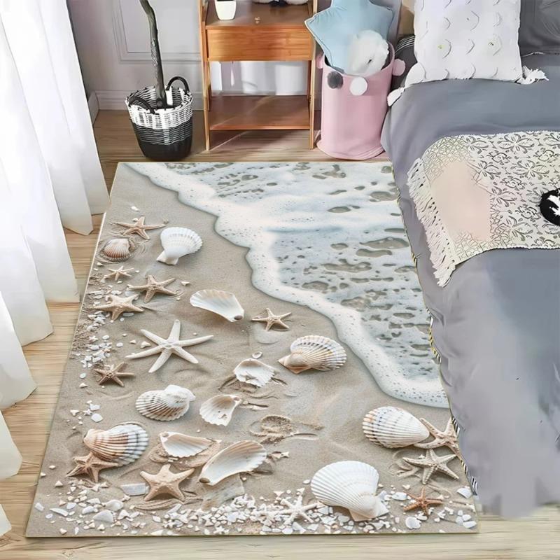 Ocean Beach Living Room Carpet Shell Starfish Pattern Area Rug Beach Vacation Home Decor Soft Non-slip Floor Mat for Bedroom
