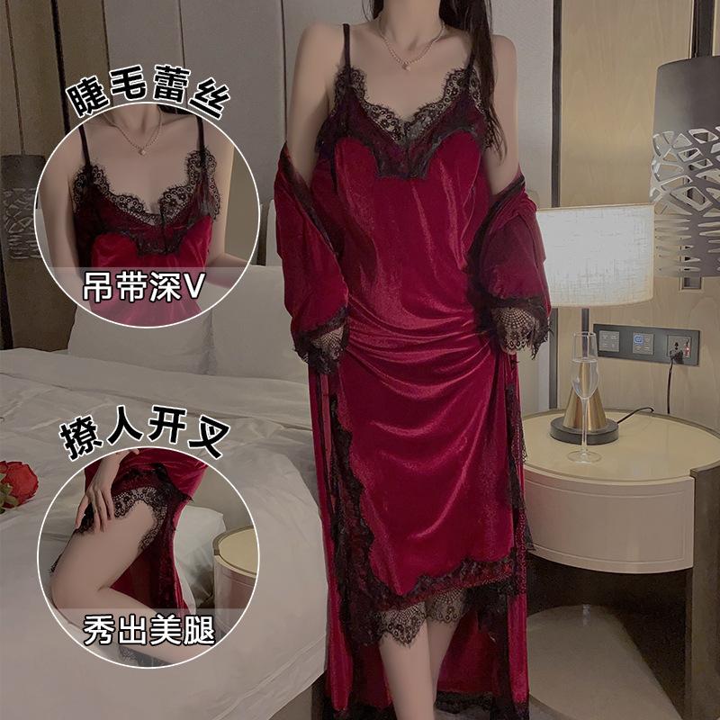 Women's Plus Size Velvet Slit Cami Sleep Dress with Robe for Fall Winter