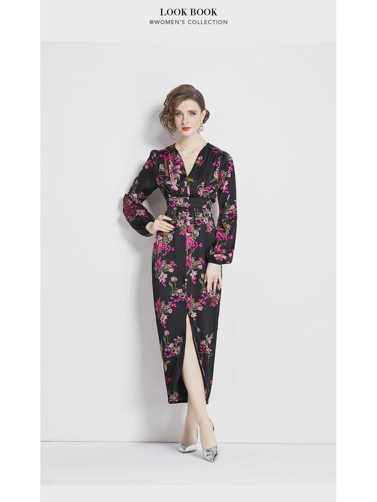 Elegantes Kleid mit Laternenärmeln und Print - Hochwertig, Leicht reifer Stil, Taillenbetont, Langer Rock für Frühlings- und Herbstabendgarderobe