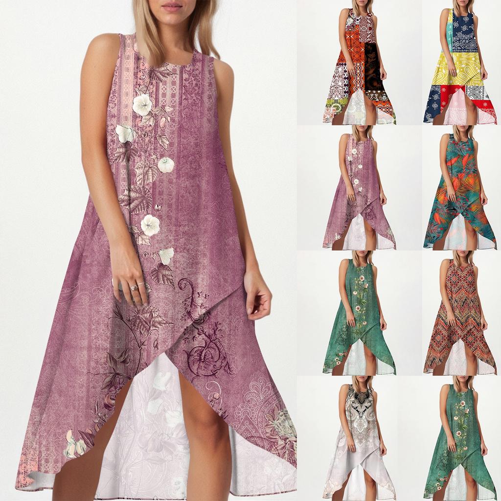 Women's Loose Casual Fashion Square Round Neck Solid Color Dress Beach Skirt Slit Side Sleeveless Cotton And Linen Skirt