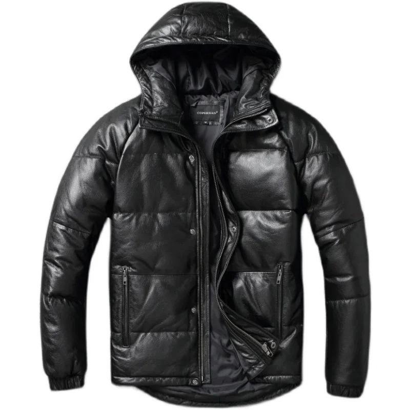 Chinese Size Raglan Sleeve Thick Men Leather Jacket Hood Warm Duch Down Coat Winter Jackets Genuine Cow Leather Coats Mens Clothing
