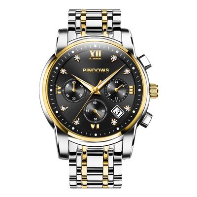 PINDOWS Relógio de Vestido Business Diamante Analógico Quartzo Luxo À Prova D'água Luminoso Data Aço Inoxidável Clássico Moda Relógio Masculino, Mostrador, Bicolor