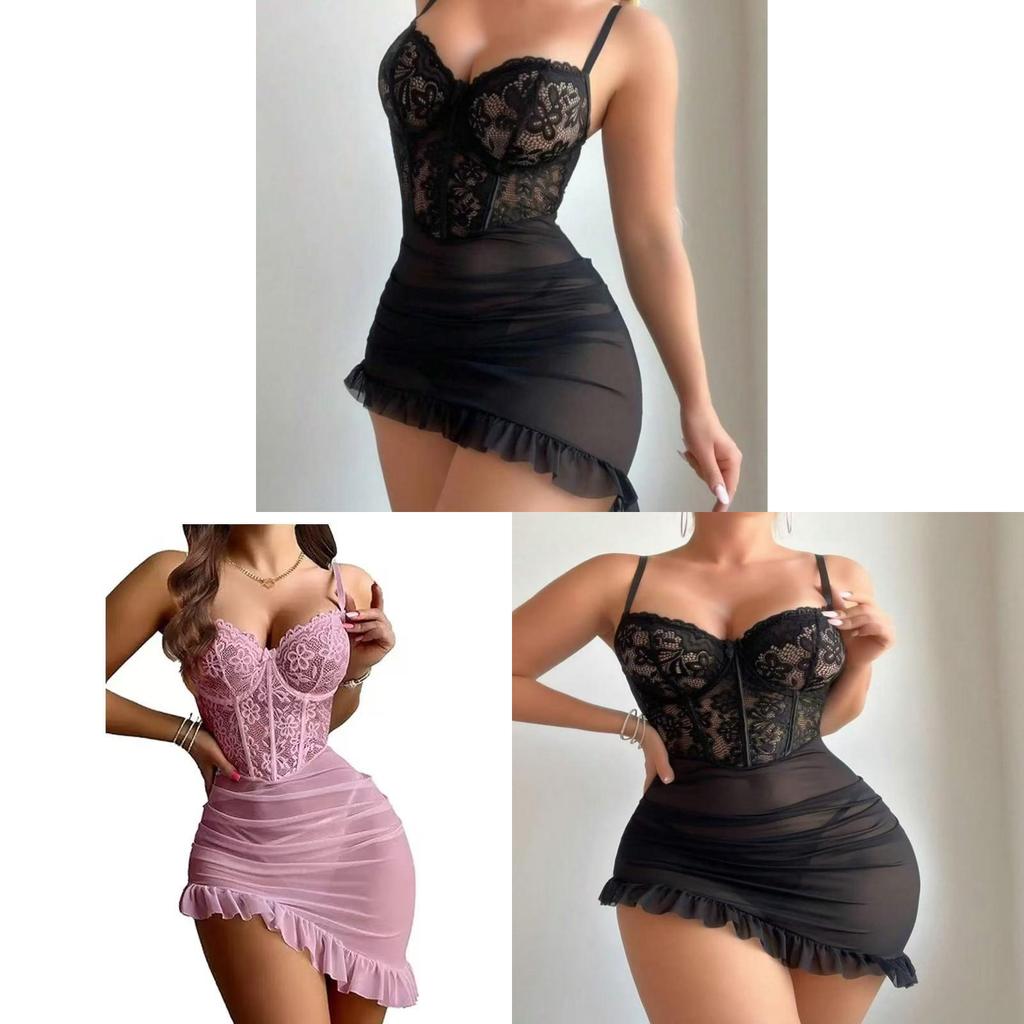 Lace Fishbone Lingerie Sleepwear Set With Sheer Material For Nightwear And Lounge