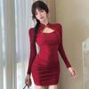 Spring Elegant Long Sleeve Button-Up Cheongsam-Inspired Dress - Pleated, Waist-Cinched, Hip-Hugging Short Skirt for Women