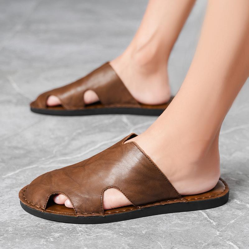 Men Slippers Handmade Simple Flats Brown Leather Sandals Black Summer Roman Sandals Closed Toe Beach Shoes Plus Size