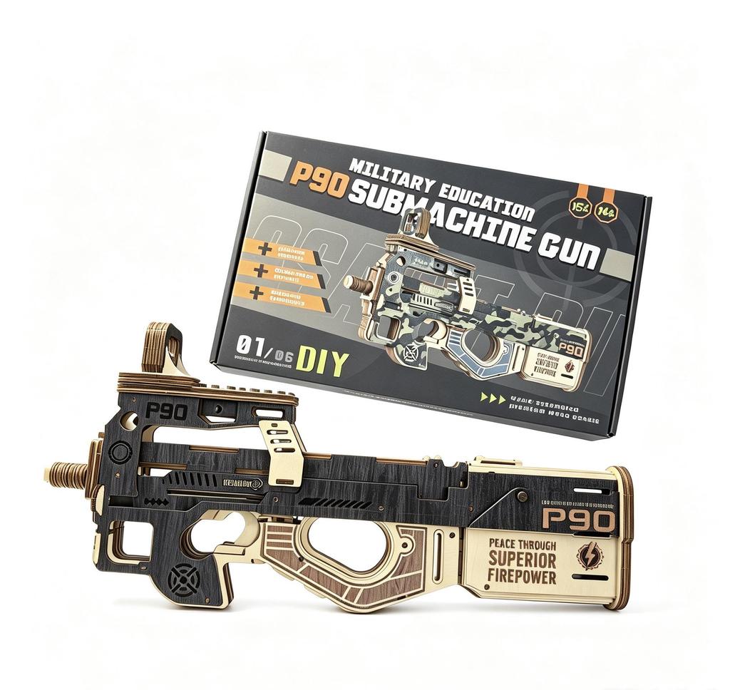 P90 DIY Rubber Band Wooden Toy Gun Model - Educational Science Puzzle for Boys