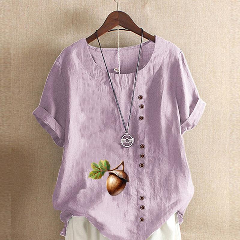 Women's Fashion Stone Hazelnut Prined Round Neck Short Sleeve T-shirt Casual Cotton Linen Graphic Shirt Leisure Loose Summer Blouse Tops