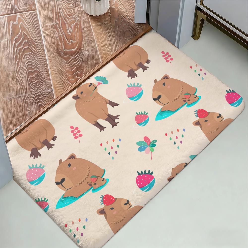 Cute Capybara Pattern Floor Mat Cozy Flannel Soft Thick Non-Slip Mat For Living Room Bedroom Kitchen Decor Rugs