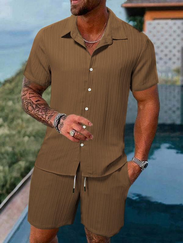 2023 Men's Casual Short-Sleeve Shirt and Shorts Beach Suit - European & American Summer Style