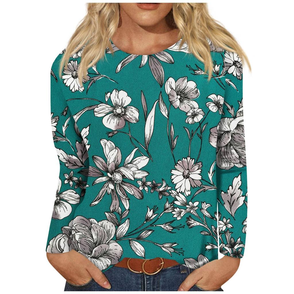 Women's Fashion Casual Long Sleeve Floral Print Round Neck Pullover Top Blouse