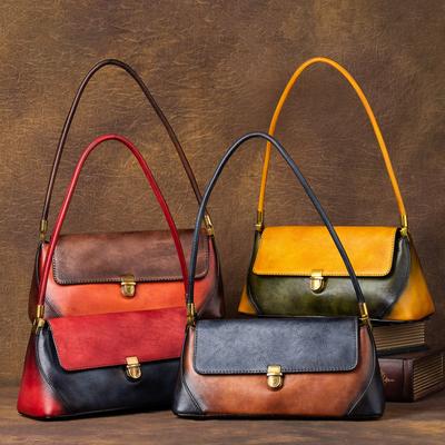 Retro Contrast Color Genuine Leather Women Underarm Bag Versatile Fashion Natural Cowhide Handmade Shoulder Bags