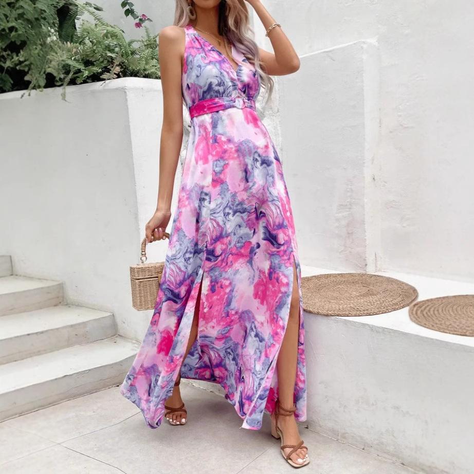 Europäische Und Amerikanische Damenbekleidung Bedrucktes Rückenfreies Elegantes Und Sexy Schwingender Schlitz Ärmelloses Kleid