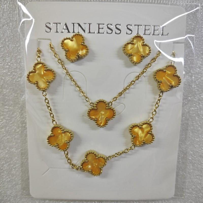 13mm Clover Pendant Necklace Bracelet Earring Set 18K Gold Plated Stainless Steel Jewelry Women Men