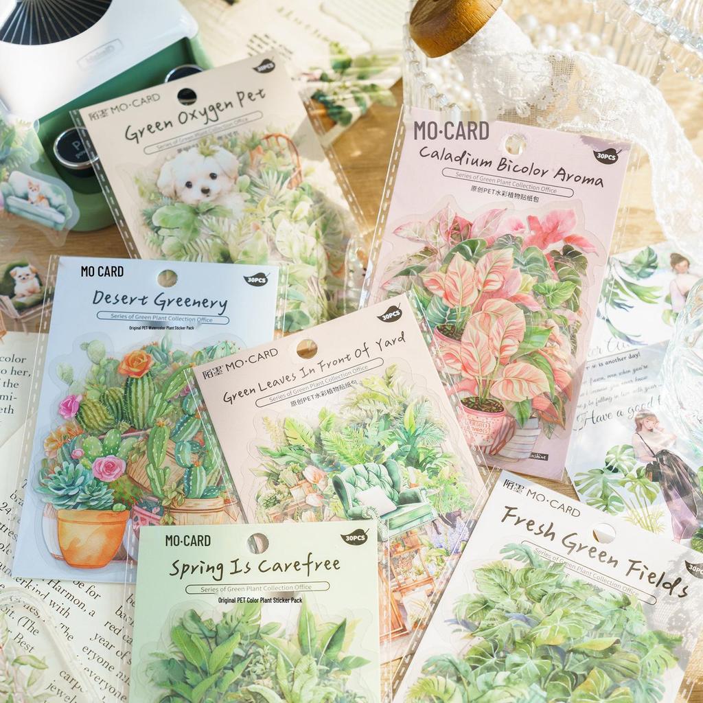 Momo PET White Ink Green Plant Sticker Pack: 30 Sheets, 6 Designs for Journal DIY Decoration