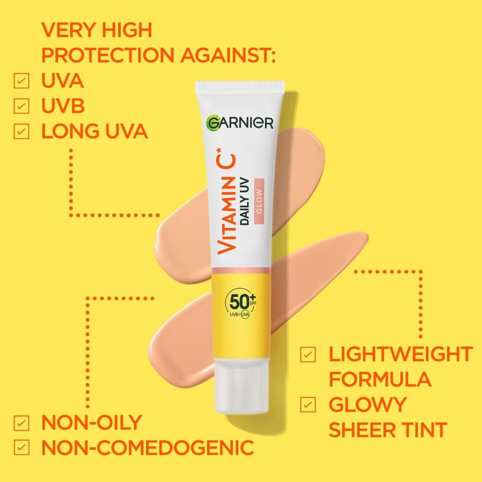 Garnier Vitamin C Daily UV Brightening Fluid Sheer Glow, SPF50+, Prevents + Corrects Sun Damages + Evens Skin tone, Face & Neck, For all skin types