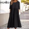 IHUASU Spring and Summer Plus-size Casual Loose Long Solid Color O-Neck Dress