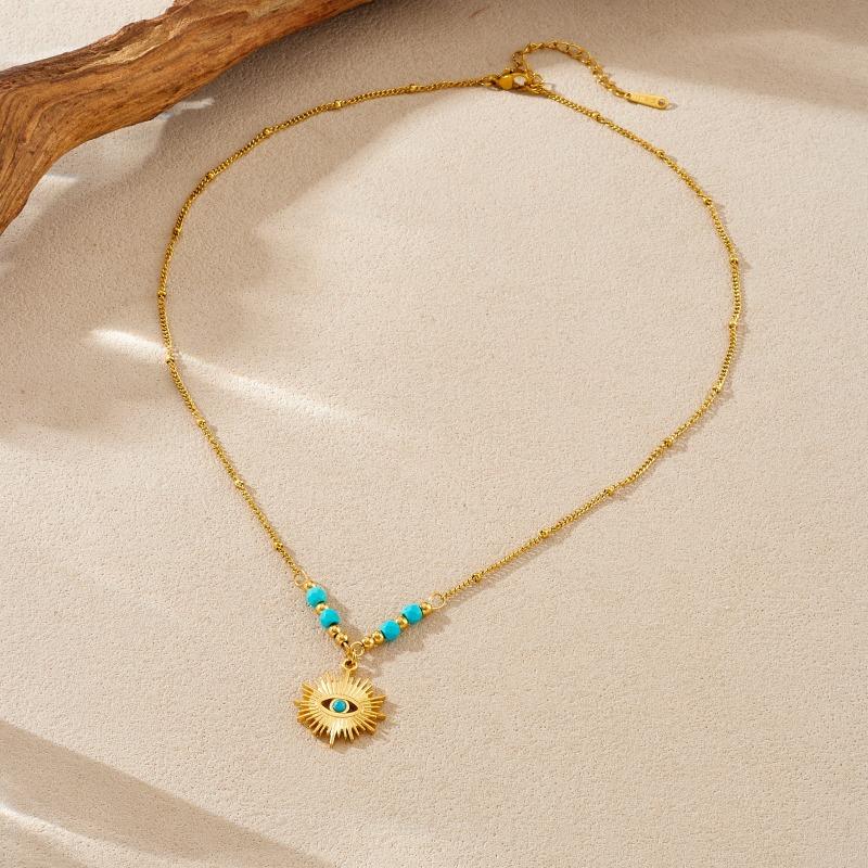 Gold Plated Stainless Steel Evil Eye Turquoise Pendant Necklace for Women