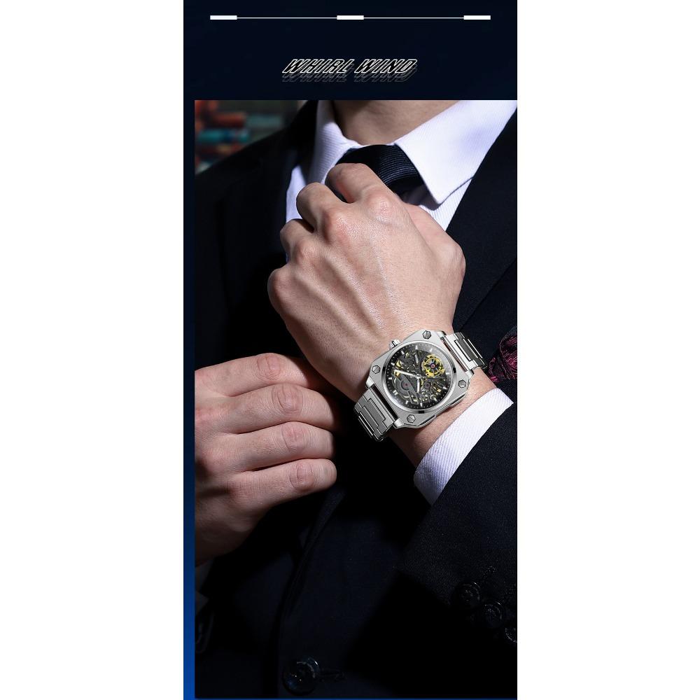 High-End Herrenuhr Skelett Mechanische Uhr Luxus Quadratisch Edelstahlarmband Automatisch Selbstaufziehend Wasserdicht Lumin