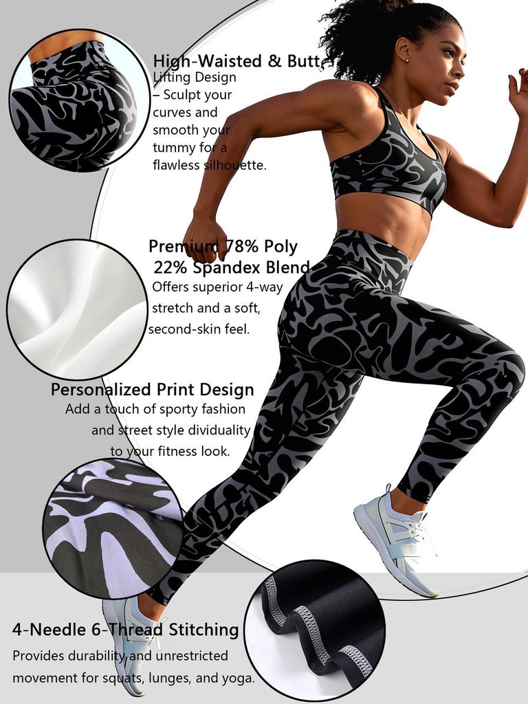 Damsportsbyxor med hög midja i kamouflagemönster - Träningsleggings med magkontroll