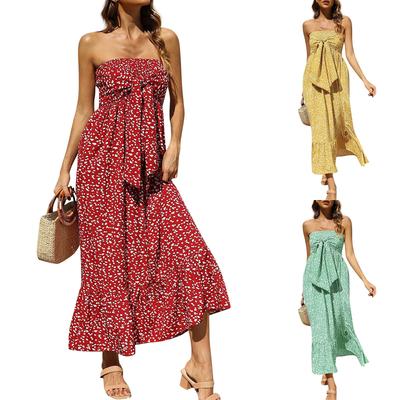 Women's Fashion Bohemian Floral Off-The-Shoulder Strapless Pleat Top Holloway Beach Holiday Dress
