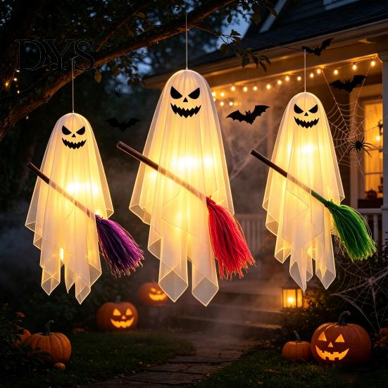 Multi Mode Lighting Ghost Halloween Lighted Hanging with Broom Decor, Flying Broomstick Ornaments Remote Control Party Lights Lights, 8 Modes & Timer,