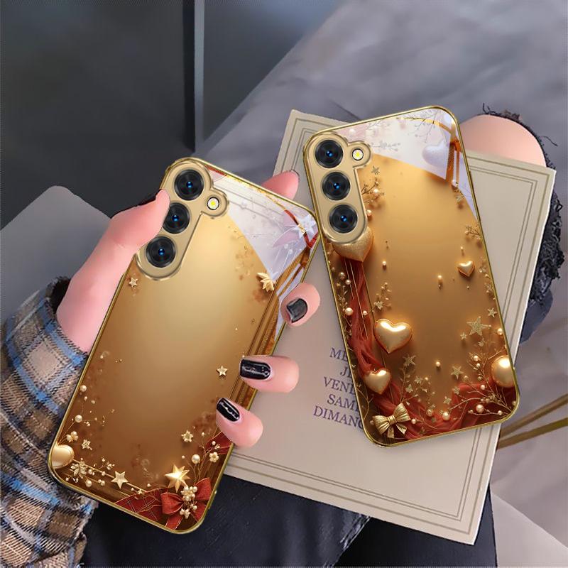 Cinta dorada y lazo Para Samsung Galaxy S26 S20 FE S21 S22 S23 Plus S24 Ultra S25Ultra S21+ S22Plus Funda de teléfono de cristal dorado
